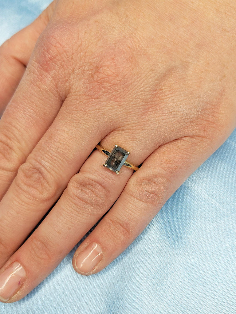 Salt and Pepper Diamond Ring, Emerald Cut Engagement Ring, Minimalist Ring, Dainty 14k Gold Ring, Anniversary Gift for Her, Low Profile Ring