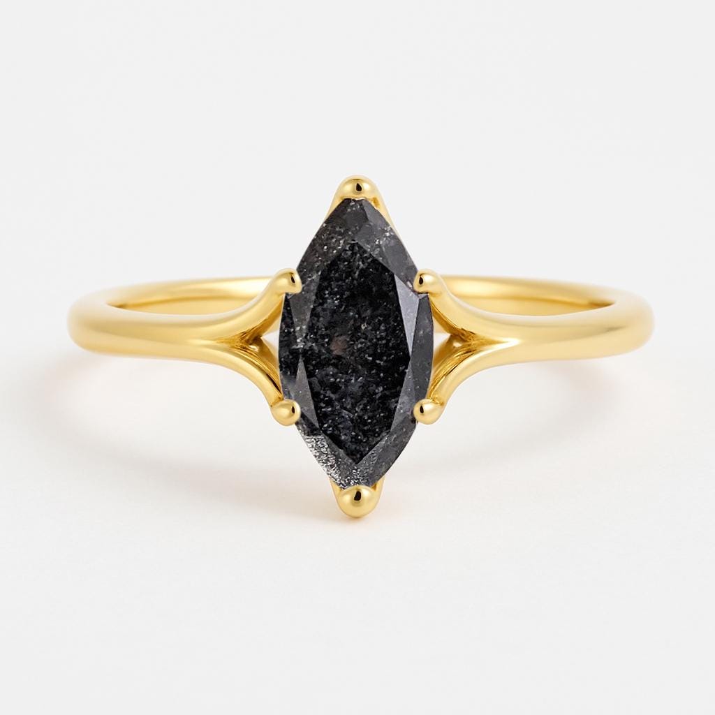 Marquise cut Raw Salt and Pepper Galaxy Diamond Ring | Split Shank Engagement Ring | 14k Yellow Gold Solitaire Ring | Wedding Ring Promise Ring for Her, Anniversary Gift For Women