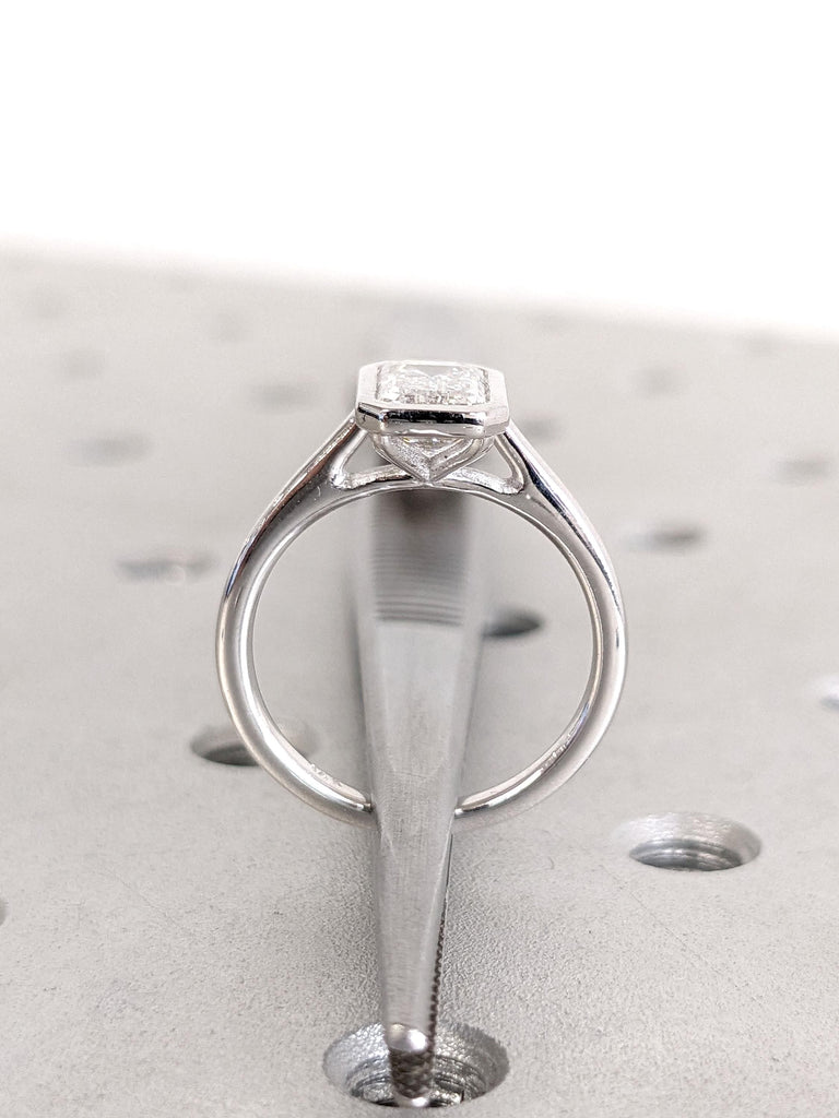 Bezel Set Emerald Cut Moissanite Engagement Ring | Cathedral Setting Emerald Cut Ring | Moissanite White Gold Promise Ring | Gift for Her