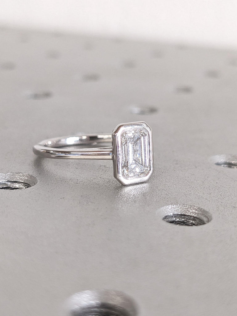 1, 2, or 3ct Emerald Cut Solitaire Bezel Ring | VVS Moissanite Solitaire | 14k Gold Bezel Engagement Ring | Emerald Cut Bezel Wedding Ring