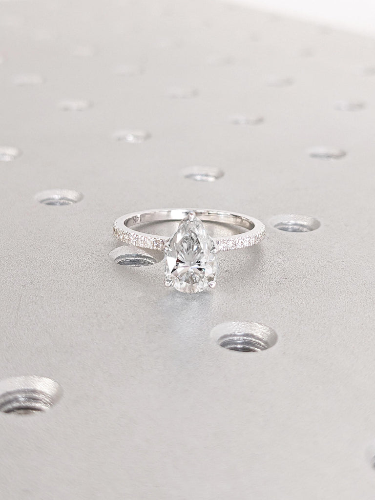 Lab Created Diamond Anniversary Ring, Dainty 14k White Gold Personalized Ring, Pear Shaped Engagement Ring, Art Deco Lab Grown Diamond Ring image #3