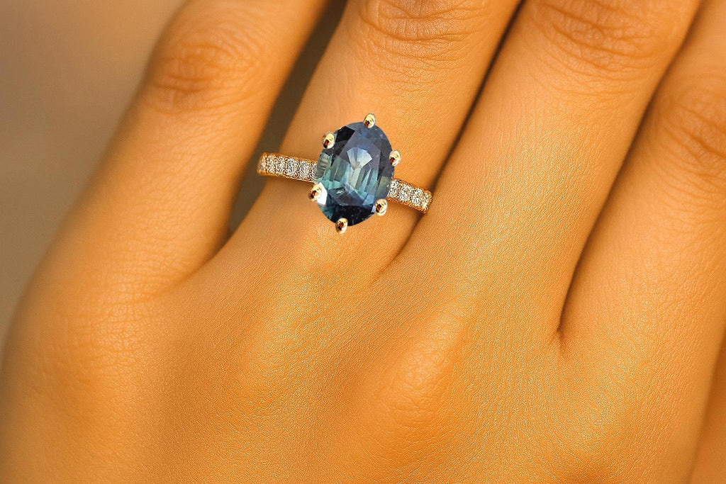 Blue Green Oval Sapphire and Diamond Engagement Ring | Classic Yellow Gold Sapphire Engagement Ring | Unique Promise Ring | Bridal Wedding Ring Anniversary