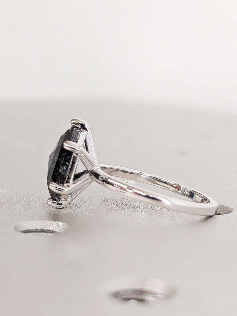 Classic Solitaire Hexagon Cut Salt & Pepper Modern Engagement Ring, Dainty Black Diamond Wedding Ring, Custom Bridal Jewelry Christmas Gifts