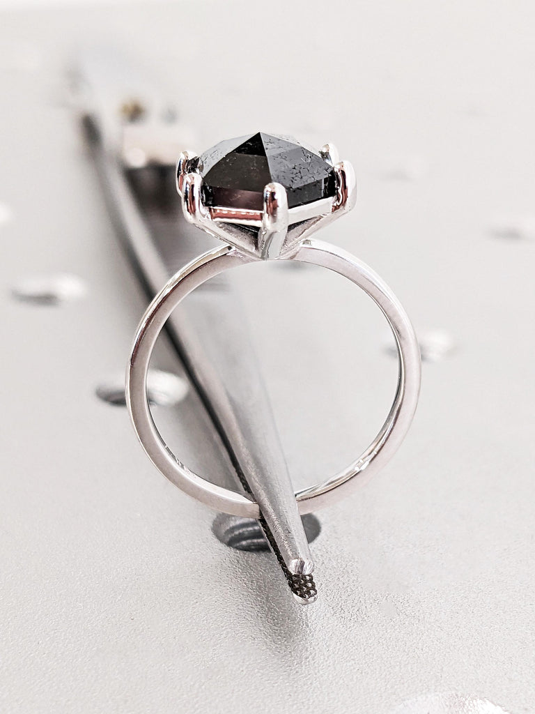 18K Solid White Gold Hexagon Cut Salt & Pepper Diamond Engagement Ring, Minimalist Solitaire Black Diamond Wedding Ring, Galaxy Promise Ring