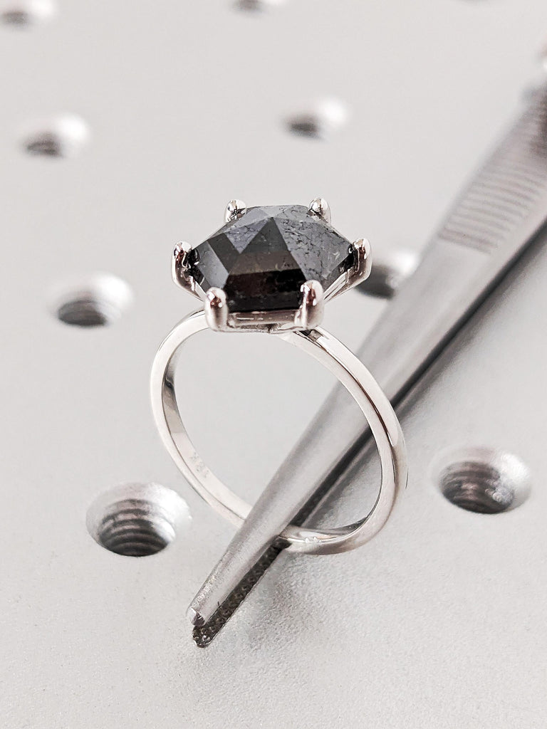 Classic Solitaire Hexagon Cut Salt & Pepper Modern Engagement Ring, Dainty Black Diamond Wedding Ring, Custom Bridal Jewelry Christmas Gifts