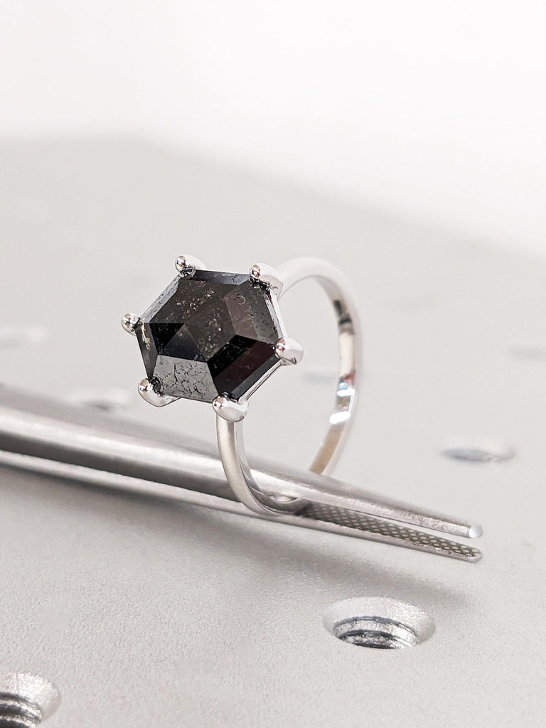 Classic Solitaire Hexagon Cut Salt & Pepper Modern Engagement Ring, Dainty Black Diamond Wedding Ring, Custom Bridal Jewelry Christmas Gifts
