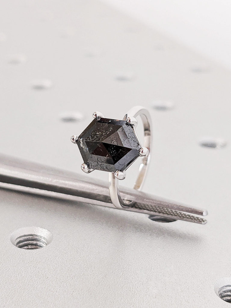 Classic Solitaire Hexagon Cut Salt & Pepper Modern Engagement Ring, Dainty Black Diamond Wedding Ring, Custom Bridal Jewelry Christmas Gifts
