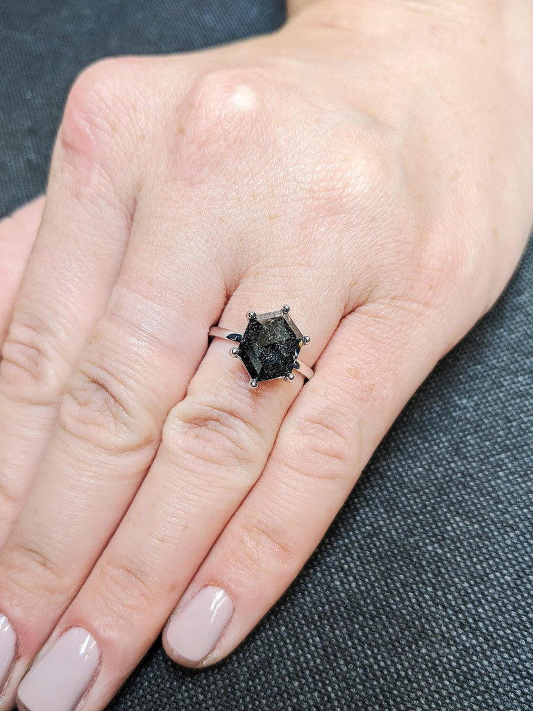 18K Solid White Gold Hexagon Cut Salt & Pepper Diamond Engagement Ring, Minimalist Solitaire Black Diamond Wedding Ring, Galaxy Promise Ring