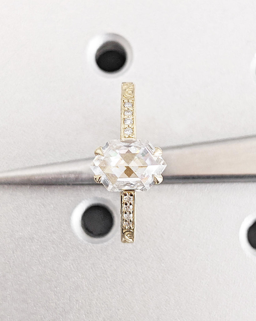 Vintage Moissanite Engagement Ring, Hexagon Cut Moissanite Promise Ring, 14K Yellow Gold Rose Cut Solitaire Filigree Engraving Wedding Band