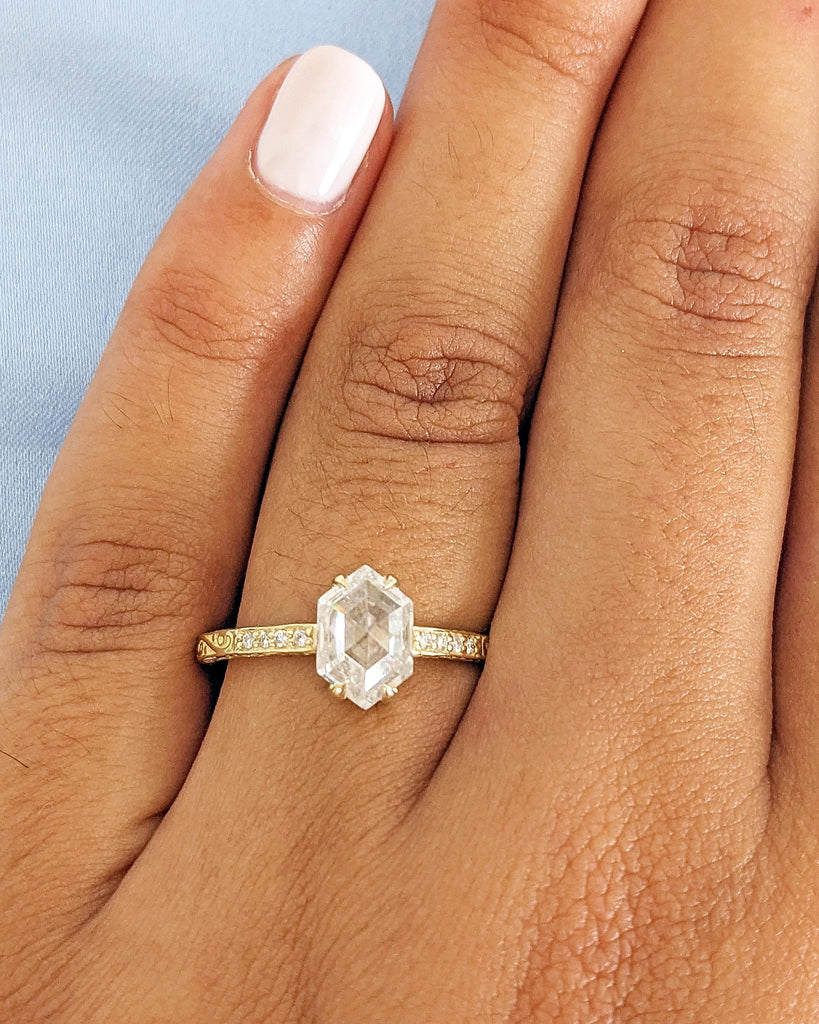 Vintage Moissanite Engagement Ring, Hexagon Cut Moissanite Promise Ring, 14K Yellow Gold Rose Cut Solitaire Filigree Engraving Wedding Band