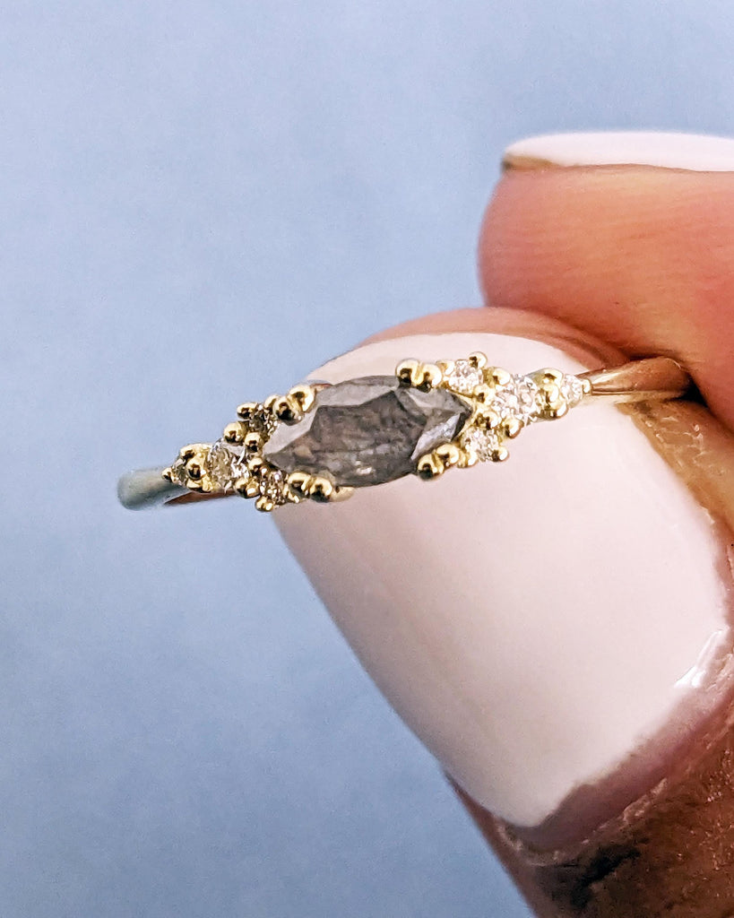 Marquise Salt and Pepper Diamond Wedding Ring, Unique Diamond Wedding Band, Wedding Engagement Ring, Minimalist Diamond Ring, 14K Solid Gold
