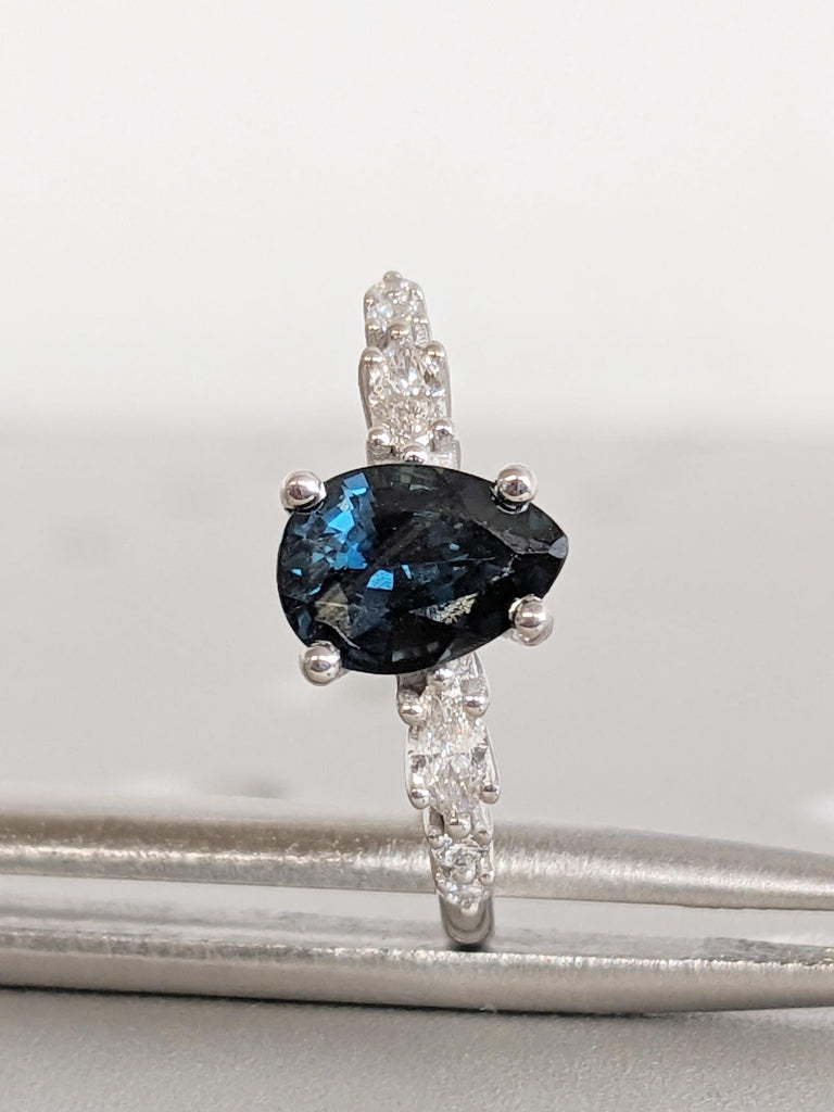 1ct Teal Sapphire Engagement Ring, White Gold Ring, Marquise, Round Cut Diamond Cluster Ring, Pear Ring, Vintage Sapphire Ring, Gift for Her