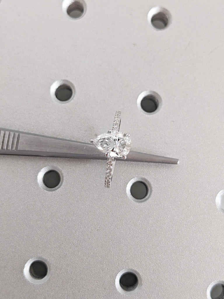 Lab Created Diamond Anniversary Ring, Dainty 14k White Gold Personalized Ring, Pear Shaped Engagement Ring, Art Deco Lab Grown Diamond Ring image #1