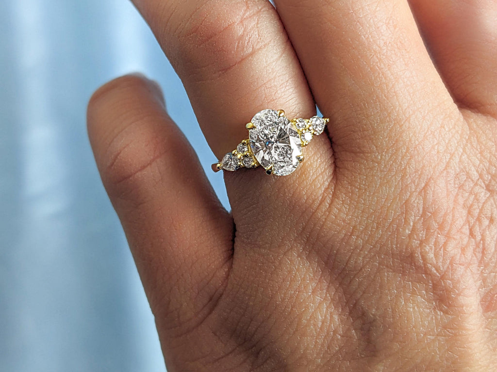 1.5ct D VS1 Lab Created Diamond Oval Engagement Ring | 14k 18k Solid Gold Diamond Cluster Ring | Art Deco Promise Ring