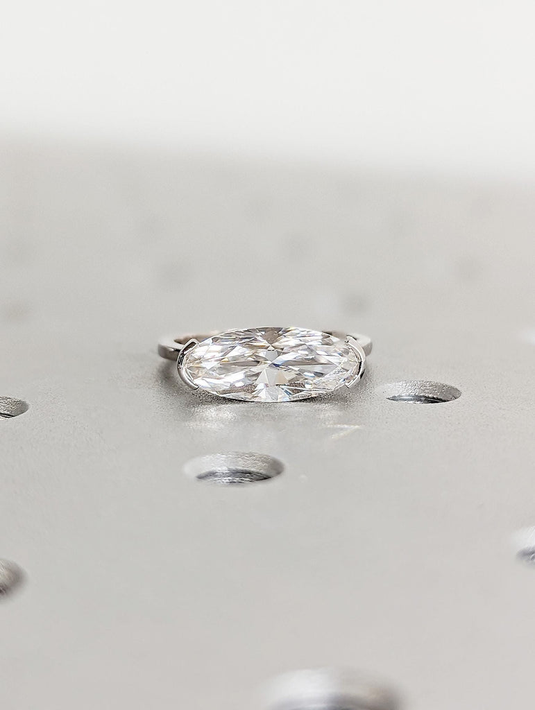 14K White Gold Oval Moissanite Engagement Ring, Half Bezel Solitaire Ring, Modern Proposal Ring, Elegant Bridal Jewelry, Simple Wedding Band