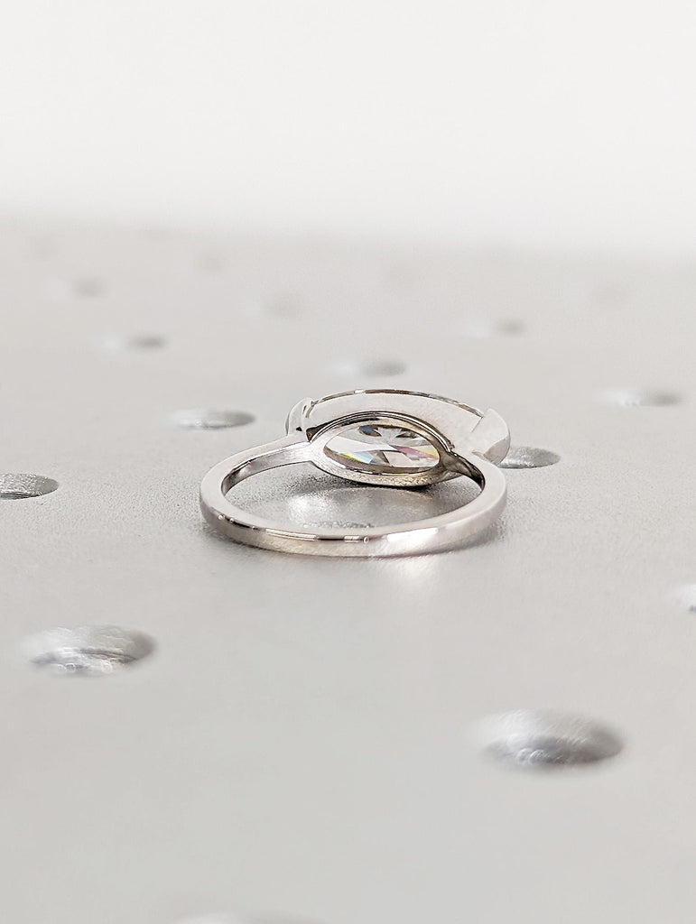 14K White Gold Oval Moissanite Engagement Ring, Half Bezel Solitaire Ring, Modern Proposal Ring, Elegant Bridal Jewelry, Simple Wedding Band