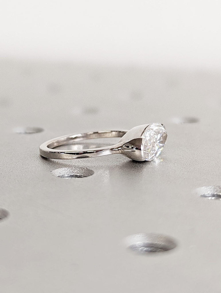 14K White Gold Oval Moissanite Engagement Ring, Half Bezel Solitaire Ring, Modern Proposal Ring, Elegant Bridal Jewelry, Simple Wedding Band