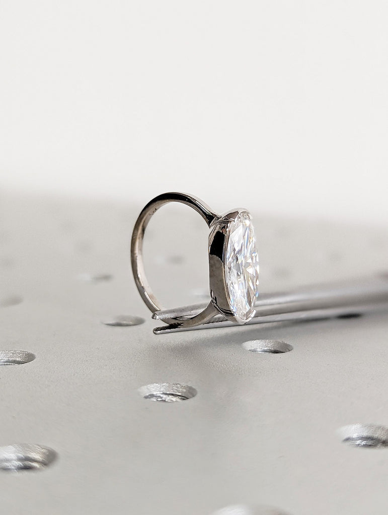 Oval Cut Moissanite Engagement Ring, Half Bezel Set Solitaire Ring, 14K White Gold Proposal Ring, Anniversary Ring for Women, Gift For Her