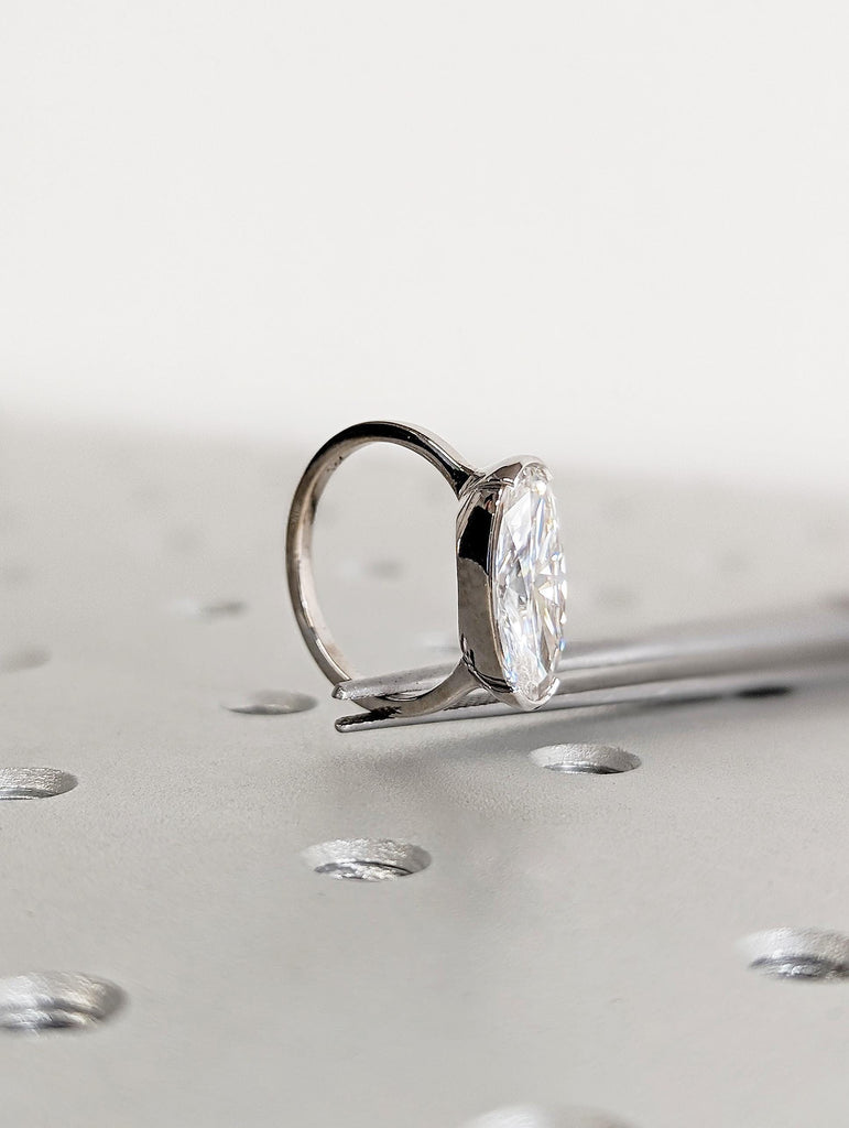 14K White Gold Oval Moissanite Engagement Ring, Half Bezel Solitaire Ring, Modern Proposal Ring, Elegant Bridal Jewelry, Simple Wedding Band