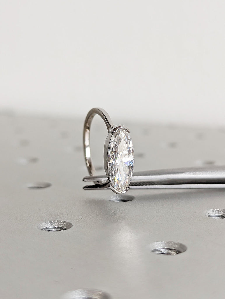 14K White Gold Oval Moissanite Engagement Ring, Half Bezel Solitaire Ring, Modern Proposal Ring, Elegant Bridal Jewelry, Simple Wedding Band