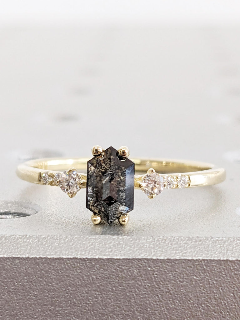 Unique Salt and Pepper Diamond Engagement Ring, 14k Solid Gold Ring, Vintage Wedding Anniversary Ring, Hexagon Diamond Ring, Gift for Women