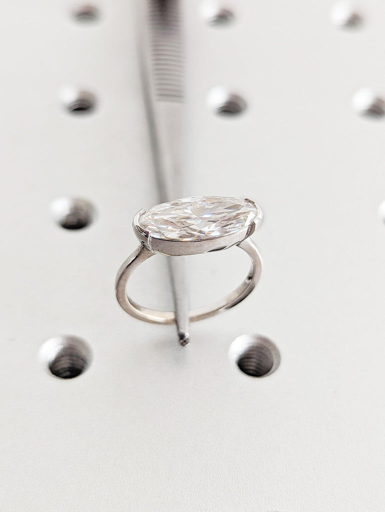 14K White Gold Oval Moissanite Engagement Ring, Half Bezel Solitaire Ring, Modern Proposal Ring, Elegant Bridal Jewelry, Simple Wedding Band