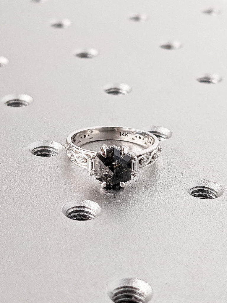 14K Solid White Gold Hexagon Salt And Pepper Diamond Engagement Ring, Vintage Celtic Twisted Band, Alternative Bridal Wedding Ring For Her