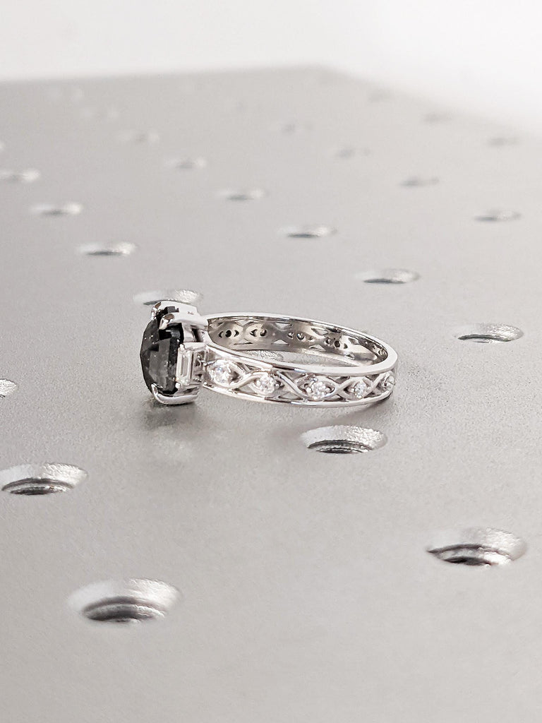Hexagon Salt and Pepper Diamond Engagement Ring, 14K White Gold Claw Prong, Celtic Twist Wedding Band, Unique Vintage Bold Bridal Jewelry