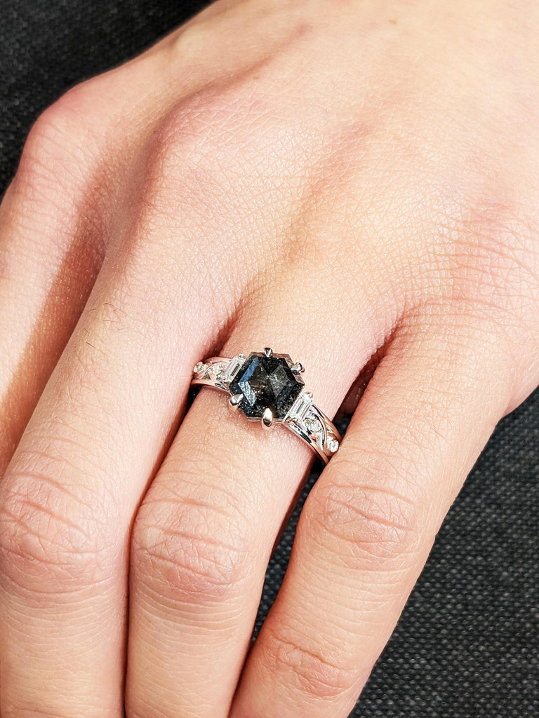 Hexagon Salt and Pepper Diamond Engagement Ring, 14K White Gold Claw Prong, Celtic Twist Wedding Band, Unique Vintage Bold Bridal Jewelry