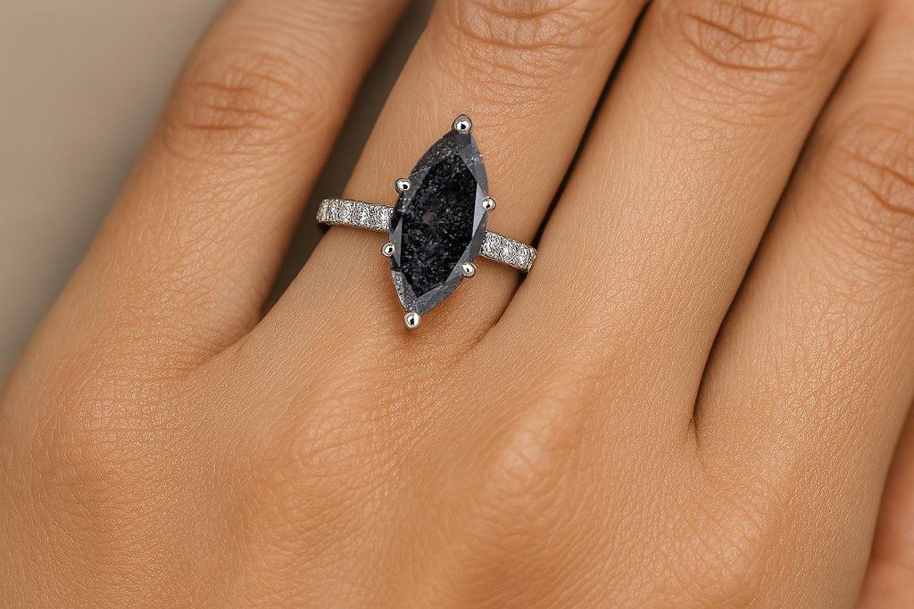 1ct Natural Black Diamond Wedding Anniversary Ring | Marquise cut Salt and Pepper Diamond Ring | 14k White Gold Engagement Ring for Her | Diamond Eternity Band