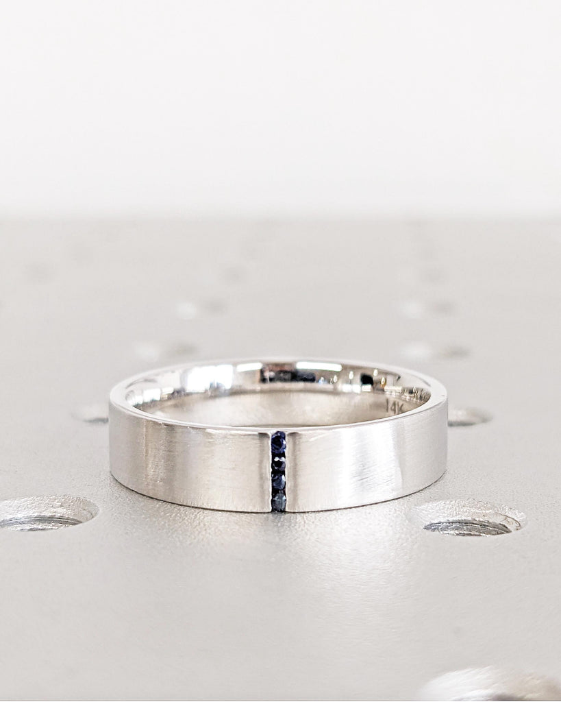 5mm Men's Blue Sapphire Wedding Band, Men's White Gold Ring with Sapphires, 5mm Men's Wedding Band, Brushed Finish Band, Unique Ring For Men
