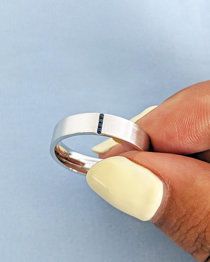 5mm Men's Blue Sapphire Wedding Band, Men's White Gold Ring with Sapphires, 5mm Men's Wedding Band, Brushed Finish Band, Unique Ring For Men