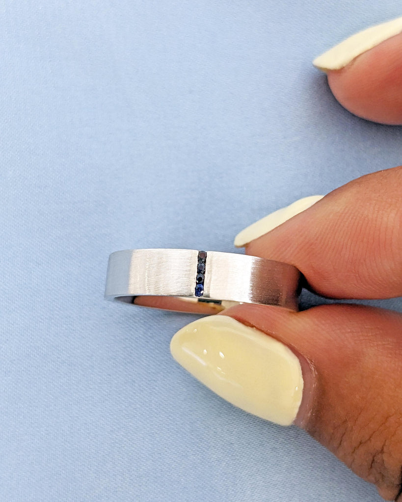 5mm Men's Blue Sapphire Wedding Band, Men's White Gold Ring with Sapphires, 5mm Men's Wedding Band, Brushed Finish Band, Unique Ring For Men