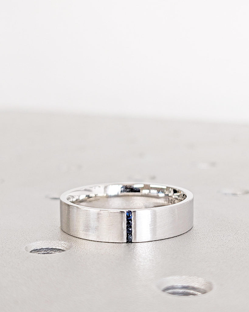 5mm Men's Blue Sapphire Wedding Band, Men's White Gold Ring with Sapphires, 5mm Men's Wedding Band, Brushed Finish Band, Unique Ring For Men