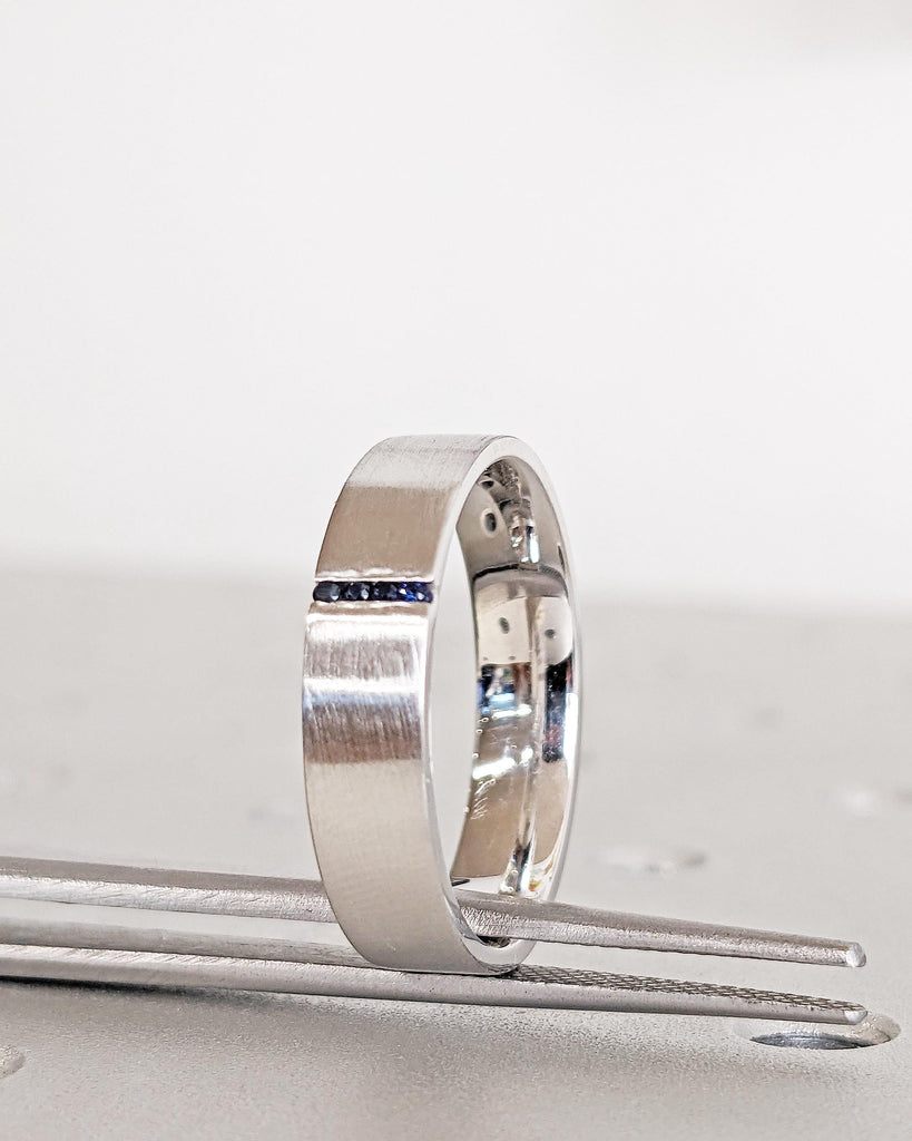 5mm Men's Blue Sapphire Wedding Band, Men's White Gold Ring with Sapphires, 5mm Men's Wedding Band, Brushed Finish Band, Unique Ring For Men