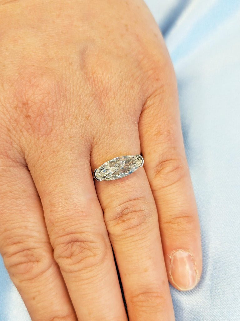 14k White Gold Ring, Elongated Oval Moissanite Ring, East West Engagement Ring, Half Bezel Set Ring, Colorless Moissanite Anniversary Ring