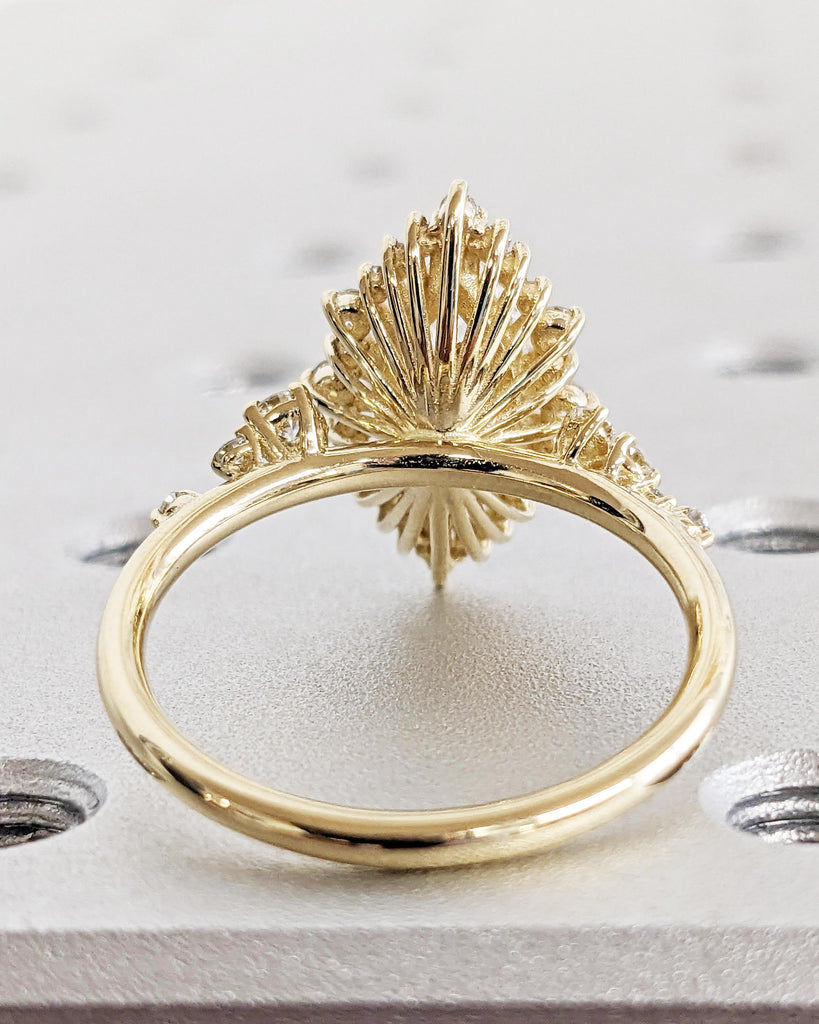 14K Yellow Gold Sunburst Diamond Halo Engagement Ring, Lab Created Diamond Cluster Ring, Marquise & Round cut Simulated Diamond Band Vintage