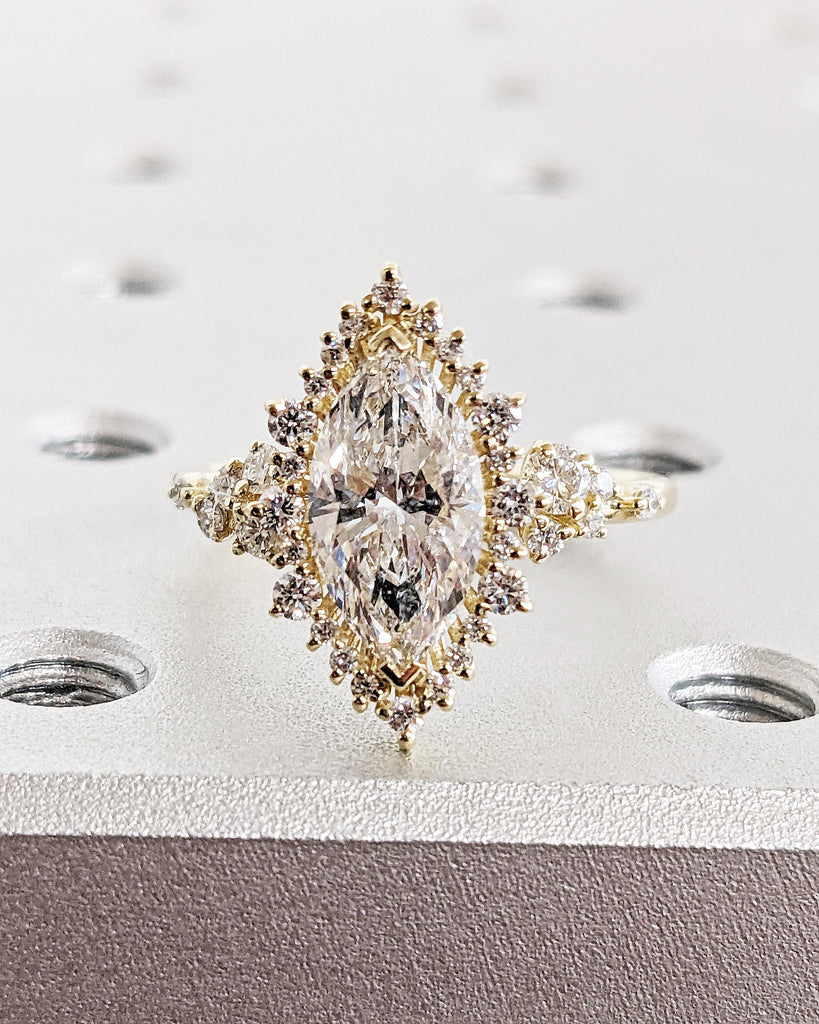 14K Yellow Gold Sunburst Diamond Halo Engagement Ring, Lab Created Diamond Cluster Ring, Marquise & Round cut Simulated Diamond Band Vintage