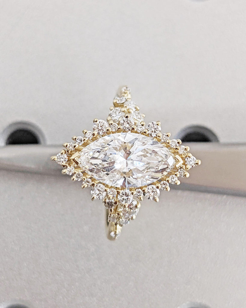 14K Yellow Gold Sunburst Diamond Halo Engagement Ring, Lab Created Diamond Cluster Ring, Marquise & Round cut Simulated Diamond Band Vintage