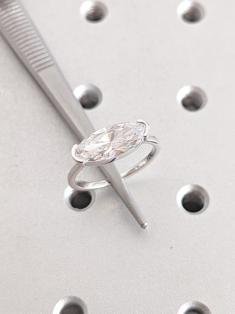 Moissanite Engagement Ring, 14k Gold Half Bezel Ring, East West Moissanite Ring, Elongated Oval Wedding Ring, Moissanite Solitaire Ring