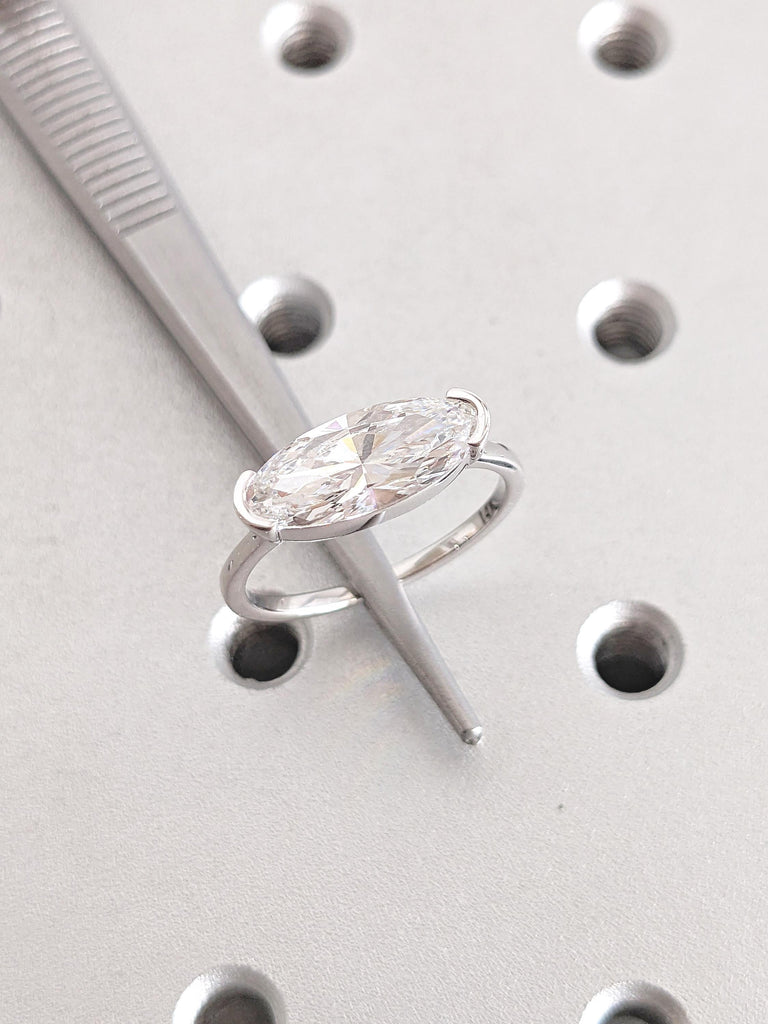 14k White Gold Ring, Elongated Oval Moissanite Ring, East West Engagement Ring, Half Bezel Set Ring, Colorless Moissanite Anniversary Ring