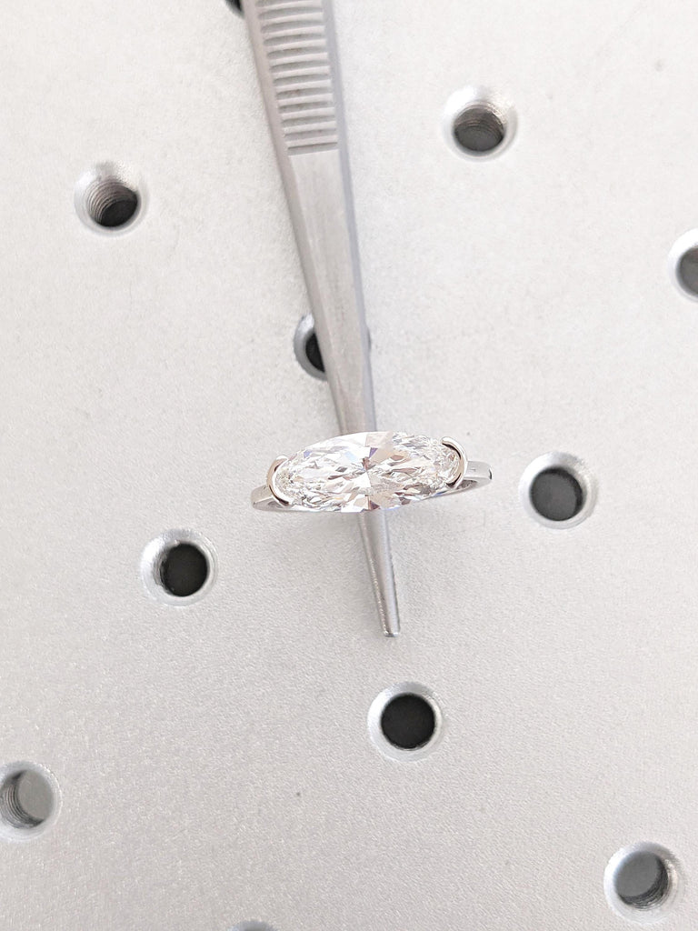 Moissanite Engagement Ring, 14k Gold Half Bezel Ring, East West Moissanite Ring, Elongated Oval Wedding Ring, Moissanite Solitaire Ring