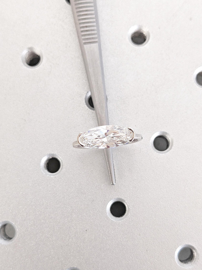 14k White Gold Ring, Elongated Oval Moissanite Ring, East West Engagement Ring, Half Bezel Set Ring, Colorless Moissanite Anniversary Ring