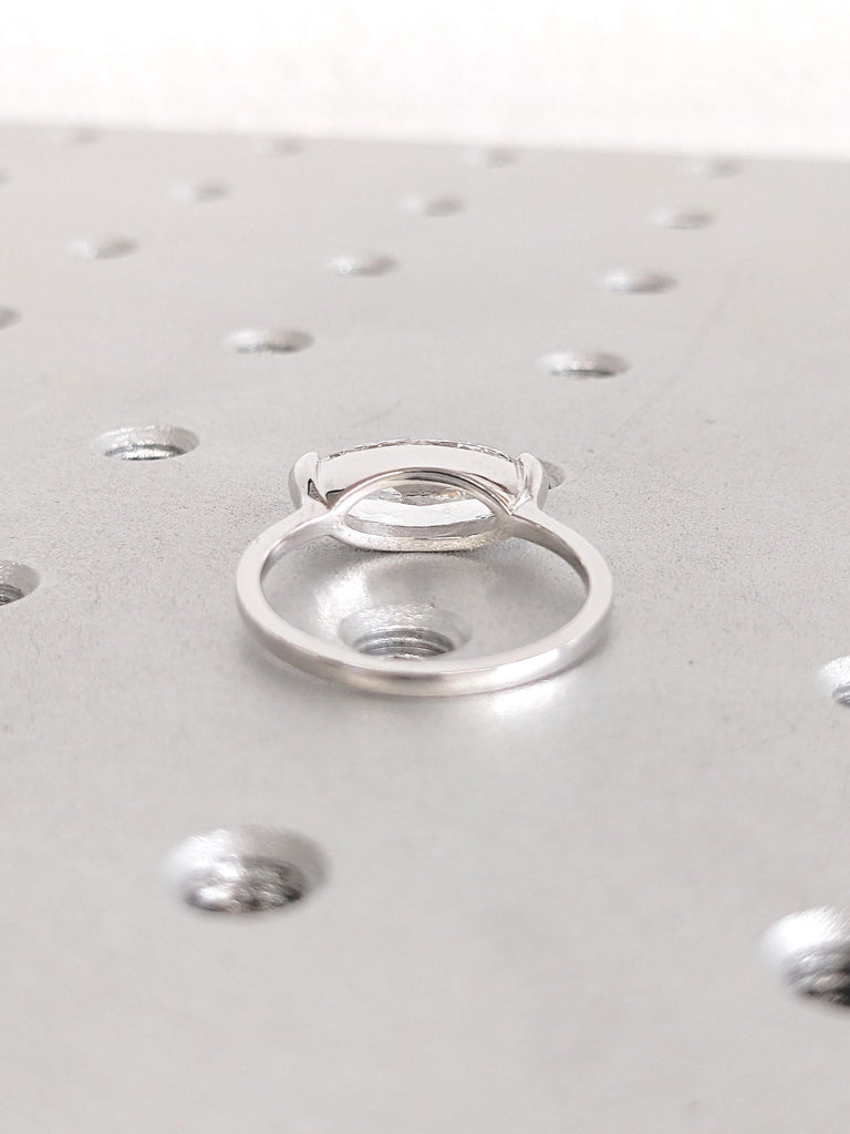 Elongated Oval Lab Grown Diamond Half Bezel Ring, Lab Grown Diamond Engagement Ring, Lab Diamond Ring, 14k White Gold Ring, East West Ring