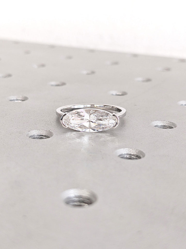 2ct Moval Diamond Bezel Ring | 14k/18k Gold Lab Grown Diamond Engagement Rings for Women | East West Solitaire Ring image #7
