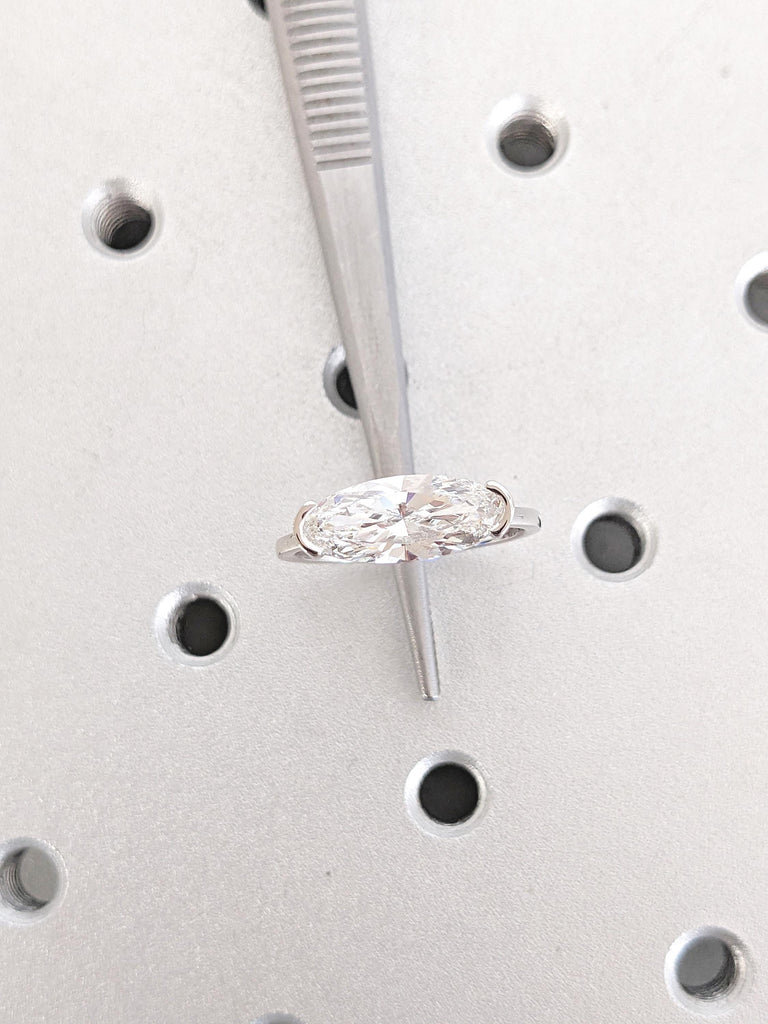 East West Moval cut Lab Diamond Unique Proposal Ring | Elongated Oval Solitaire Gold Ring | Custom Wedding Jewelry Anniversary Gift for Her image #10