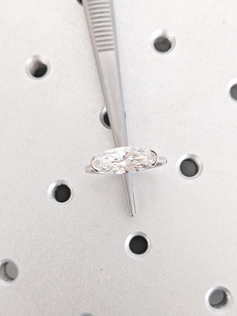 2ct Moval Diamond Bezel Ring | 14k/18k Gold Lab Grown Diamond Engagement Rings for Women | East West Solitaire Ring image #10
