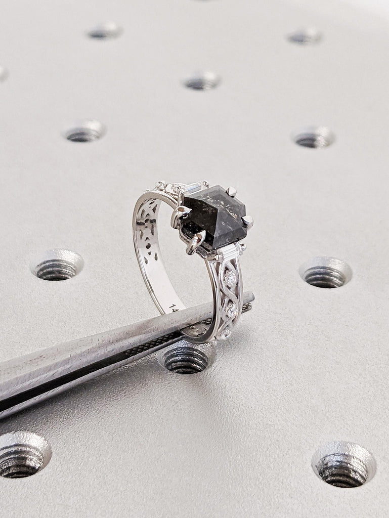 Hexagon Salt and Pepper Diamond Engagement Ring, 14K White Gold Claw Prong, Celtic Twist Wedding Band, Unique Vintage Bold Bridal Jewelry