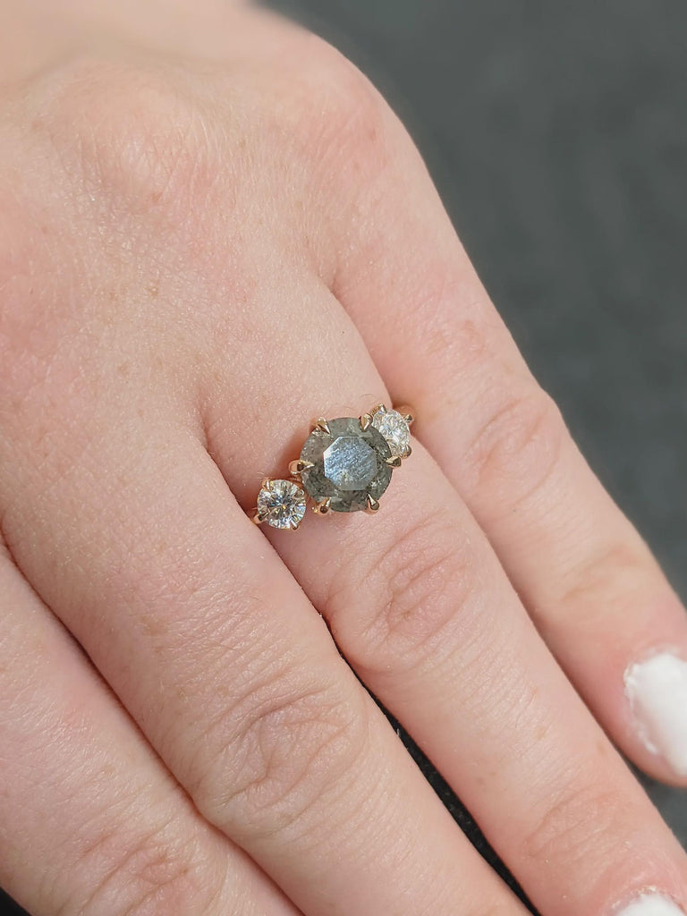Vintage Art Deco Raw Round Salt and Pepper Diamond Engagement Ring, Unique 14K Rose Gold Black Diamond Wedding Ring, Promise Ring For Her