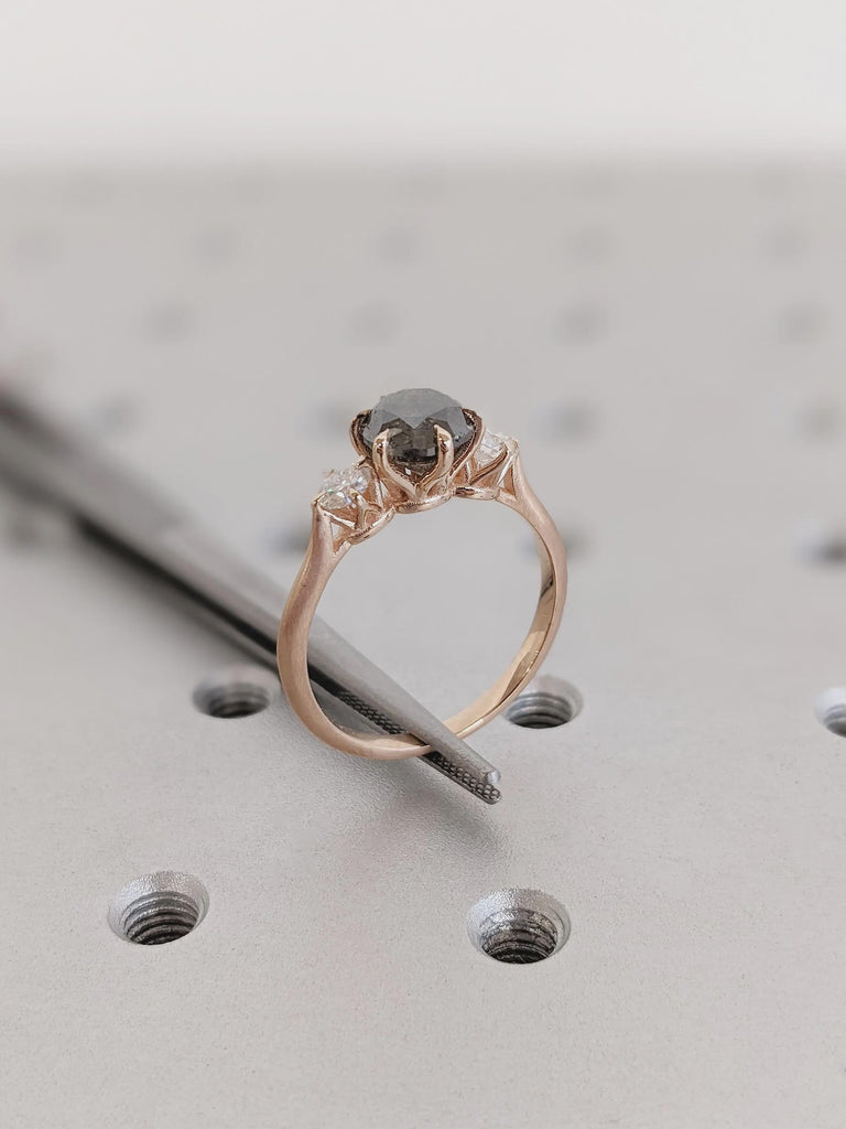 Vintage Art Deco Raw Round Salt and Pepper Diamond Engagement Ring, Unique 14K Rose Gold Black Diamond Wedding Ring, Promise Ring For Her